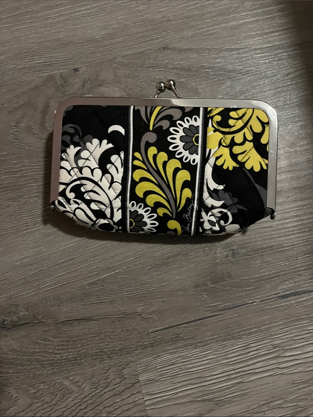 Vera Bradley Black White Yellow Floral Quilted Kiss-Lock Clutch